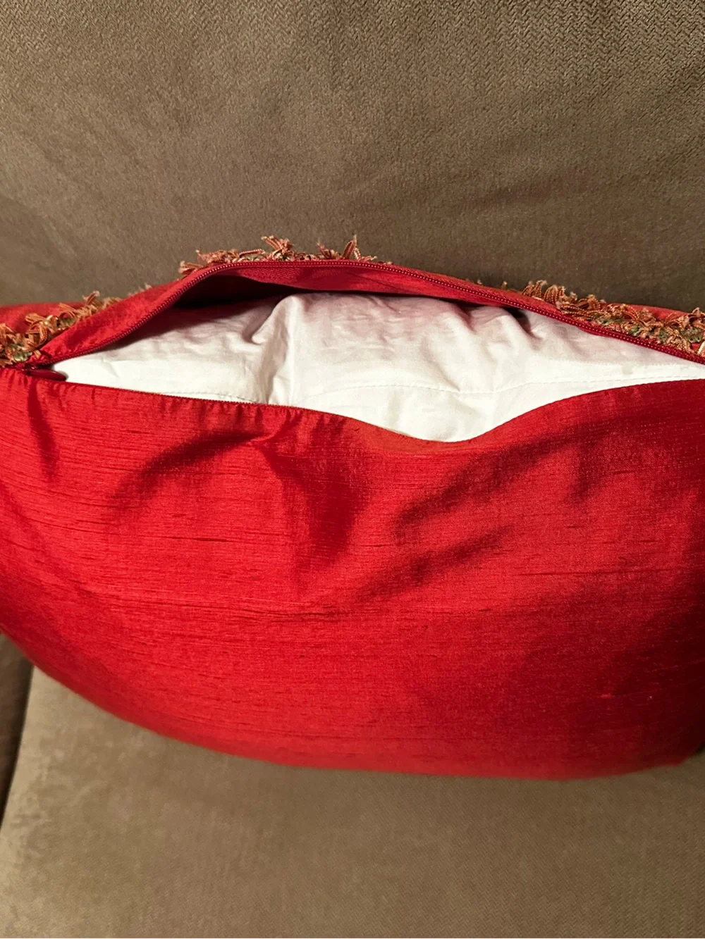 Raspberry Pink Silk Look Fringe Pillow 14x18 Feather Down Insert